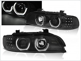 Přední světlomety, světla, lampy BMW E39, 1995-2003, Angel Eyes, černé black, s LED blinkrem, manuál LPBM19