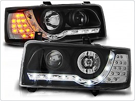 Přední světlomety, světla, lampy Volkswagen T4, 1990-2003, LED Daylight, černé black + LED blinkr LPVWF1