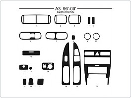 Dekor interiéru Audi A3, 1996-2000, climatronic, Al hliník