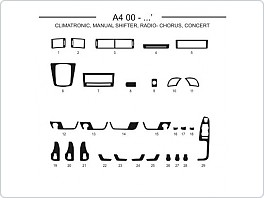 Dekor interiéru Audi A4, 2001-2005, climatronic, manuální řazení, radio - Chorus, Concert, ořech