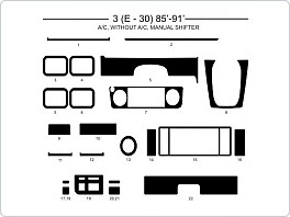 Dekor interiéru BMW E30 1985-1991 s klimatizací, bez klimatizace, manuální řazení, AL hliník