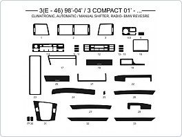 Dekor interiéru BMW E46 1998-2004 climatronic, radio BMW Reverse, AL hliník