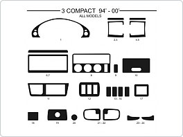 Dekor interiéru BMW E36 Compact 1994-2000 všechny modely, AL hliník