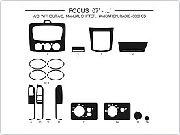 Dekor interiéru Ford Focus, 2007-, s manuální klimatizací, manuální řazení, navigace, rádio 6000 CD, carbon standart