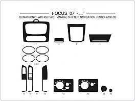 Dekor interiéru Ford Focus, 2007-, climatronic nebo bez klimatizace, manuální řazení, navigace, rádio 6000 CD, AL hliník