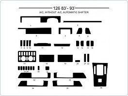 Dekor interiéru Mercedes 126, 1983-1993, s i bez klimatizace, automatické řazení, Al hliník