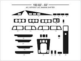 Dekor interiéru Mercedes 190, 1983-1993, s i bez klimatizace, manuální řazení, Al hliník