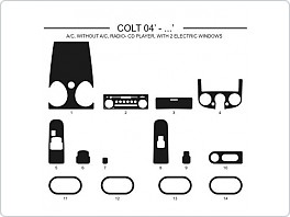 Dekor interiéru Mitsibishi Colt model 2004, s i bez klimatizace, 2x el. Okno, radio CD player , Al hliník