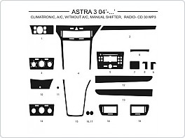 Dekor interiéru Opel Astra H 2004-2009, climatronic, manuální klima, bez klimatizace, manuální řazení, radio-CD 30MP3, Al hliník