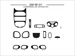 Dekor interiéru Peugeot 206, 1998-2001, s klimatizací, bez klimatizace, climatronic, carbon standart