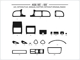 Dekor interiéru Peugeot 406, 1995-1999, s man. klimou i bez klimatizace, manuální řazení, bez originálního rádia, carbon plus