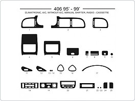 Dekor interiéru Peugeot 406, 1995-1999, s klimou i bez klimatizace, včetně climatronic, manuální řazení, radio na kazety , carbon plus