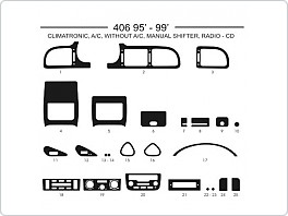 Dekor interiéru Peugeot 406, 1995-1999, s klimou i bez klimatizace, včetně climatronic, manuální řazení, radio CD, AL hliník