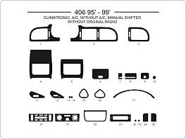 Dekor interiéru Peugeot 406, 1995-1999, s klimou i bez klimatizace, včetně climatronic, manuální řazení, bez originálního rádia, carbon plus