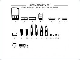 Dekor interiéru Toyota Avensis, 2001-2002, climatronic, manuální klima, bez klimatizace, radio W53804, AL hliník