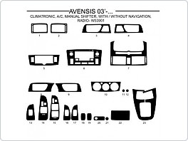Dekor interiéru Toyota Avensis, 2003-, climatronic, manuální klima, s i bez navigace,  radio W53901, AL hliník