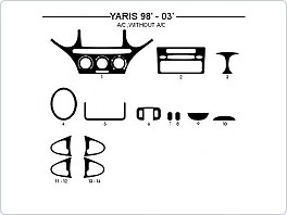 Dekor interiéru Toyota Yaris, 1998-2003, s i bez klimatizace, AL hliník