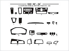 Dekor interiéru Volvo S60, 2000-2004, climatronic, manuální řazení, radio HU-603, Al hliník