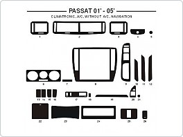 Dekor interiéru Volkswagen Passat 2001-2004 climatronic, man. klima, bez klimi, navigace, AL hliník