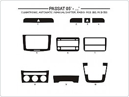 Dekor interiéru Volkswagen Passat 2005- střed, climatronic, Radio typ RCD300, RCD 500, AL hliník